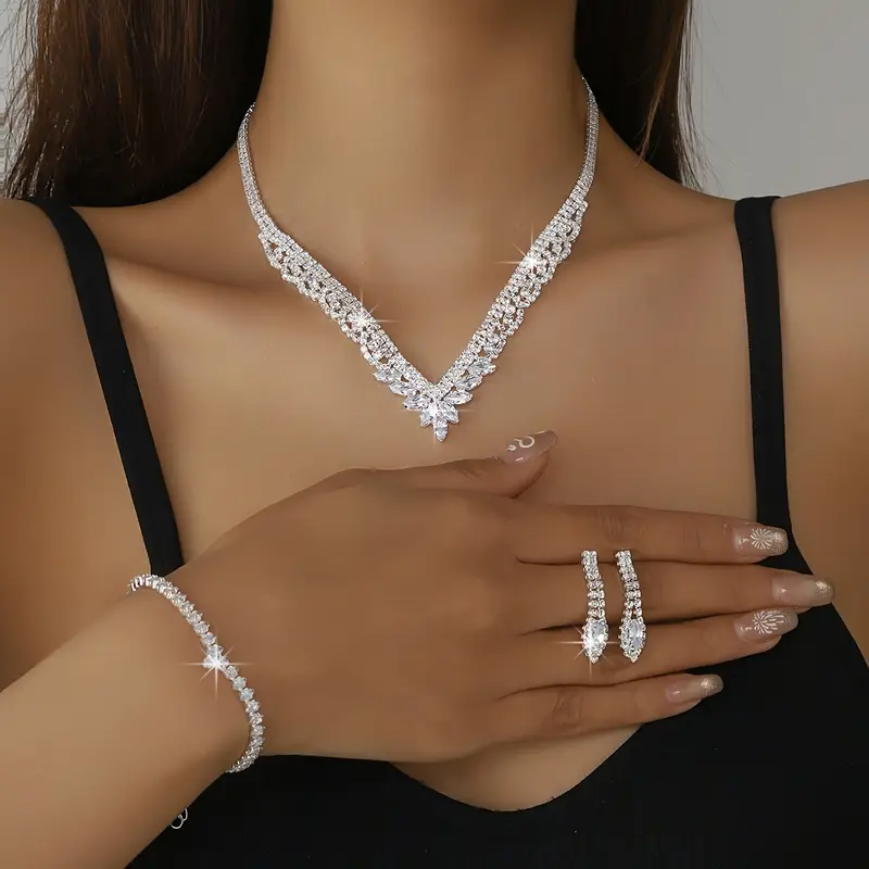 Σετ Κοσμημάτων - Πολυτελής Χαλκός με Λευκή Χρυσή Επένδυση, Γεωμετρικό Κολιέ, Βραχιόλι & Σκουλαρίκια