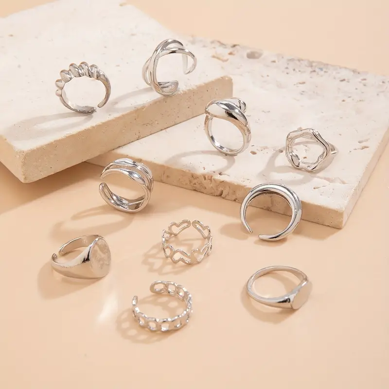 Σετ 10 Κομψών Silver Γεωμετρικών Ρυθμιζόμενων Δαχτυλιδιών - Image 2