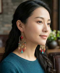 Bohemia Style Colorful Long Beaded Waterdrop Dangle Earring - Κόκκινο