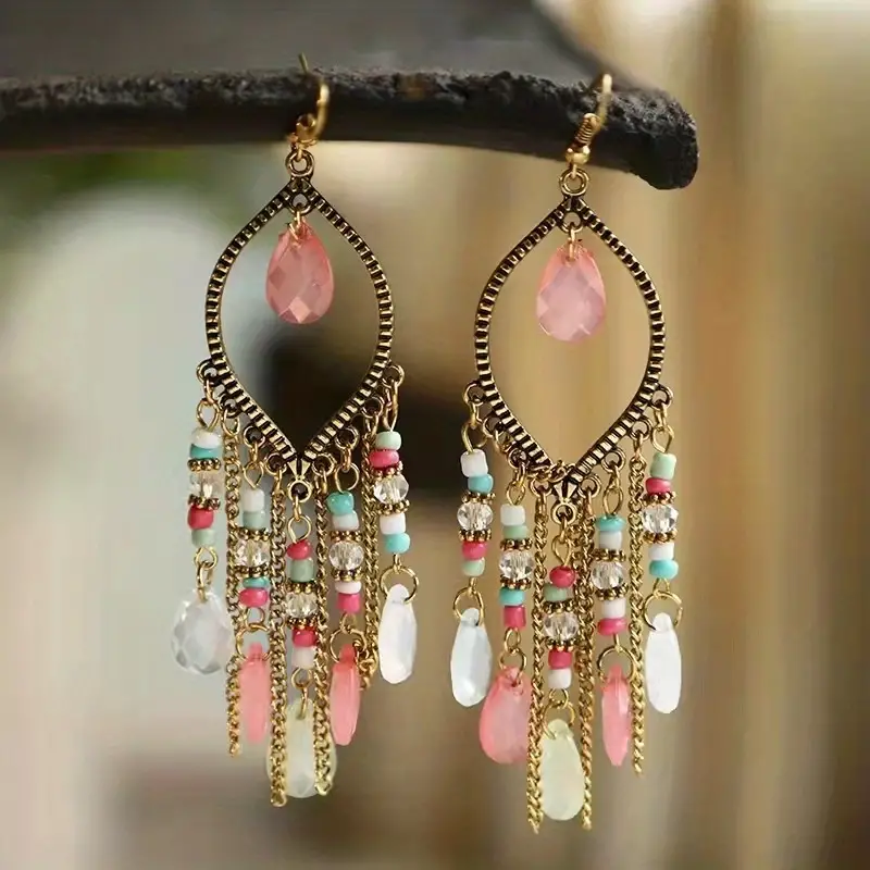 Bohemia Style Colorful Long Beaded Waterdrop Dangle Earring - Καφέ - Image 3