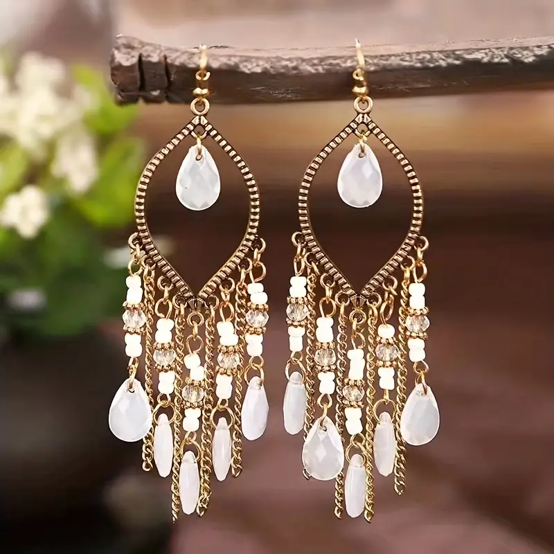 Bohemia Style Colorful Long Beaded Waterdrop Dangle Earring - Άσπρο - Image 3