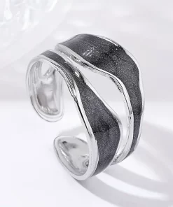 Κομψό δαχτυλίδι Silver Black μανσέτας Από Ανοξείδωτο ατσάλι