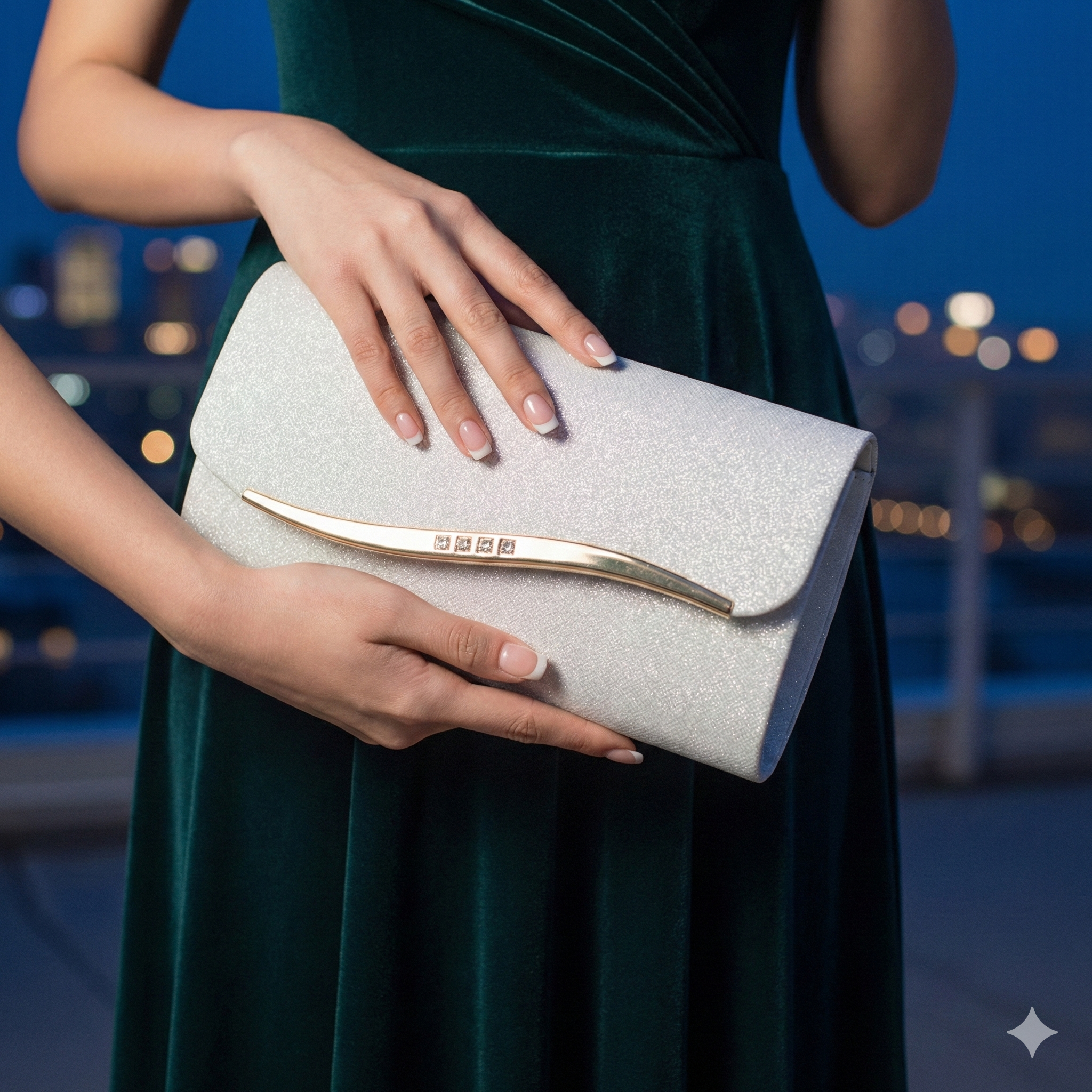 Ασημί βραδινή τσάντα clutch με καπάκι